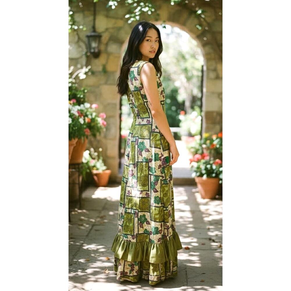 Vintage 70s Hawaiian Floral Patchwork Maxi Dress Green Boho Cotton Ruffle Hem S - Picture 5 of 8